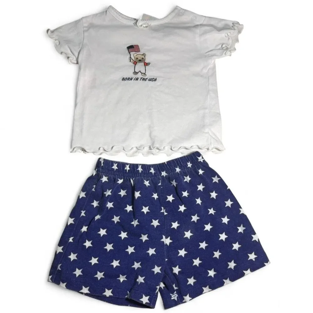 VTG Girls 18 Months Shorts Top Set Coquette Americana Bear Star Lettuce Hem Y2K